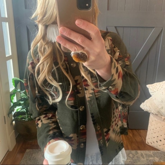 New Aztec Print Fringed Jacket Western Barn Coat Southwest Vintage Boho Shacket - Picture 8 of 11